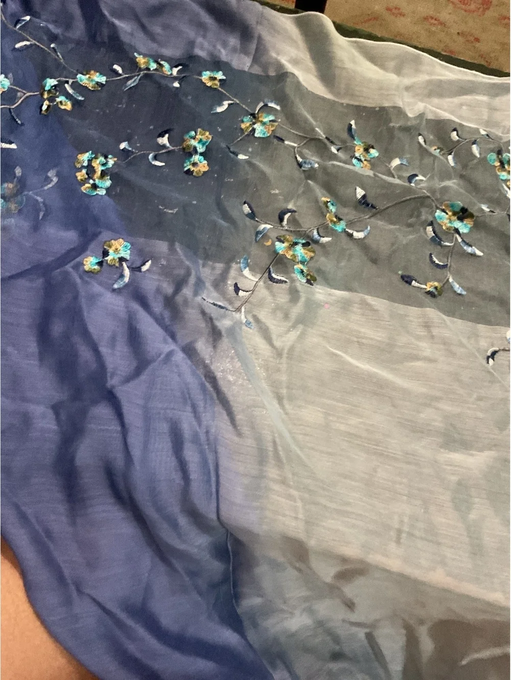 Light Blue to Navy Ombre Sheer Scarf/ Shawl with Floral Embroidery